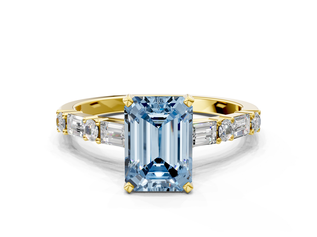 Yellow gold Fancy Blue Emerald  Solitaire with Side Baguettes and Channel Set Band_86