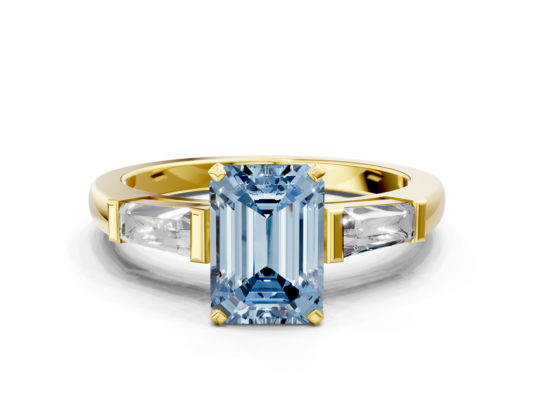 Yellow gold Fancy Blue Emerald  Solitaire with Tapered Baguette Side Stones on a Classic Band with Four-Prong Setting_59