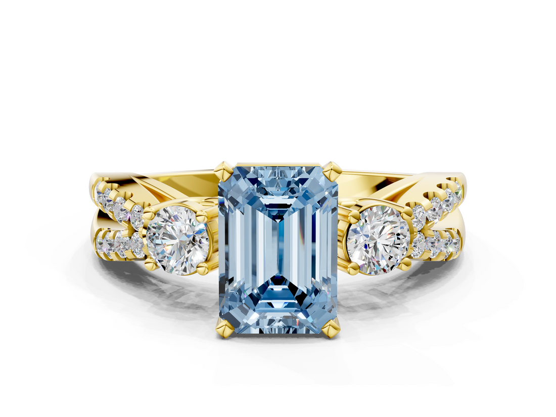 Yellow gold Fancy Blue Emerald  Three-Stone Diamond Ring with Pavé Split Shank and Four-Prong Setting_63