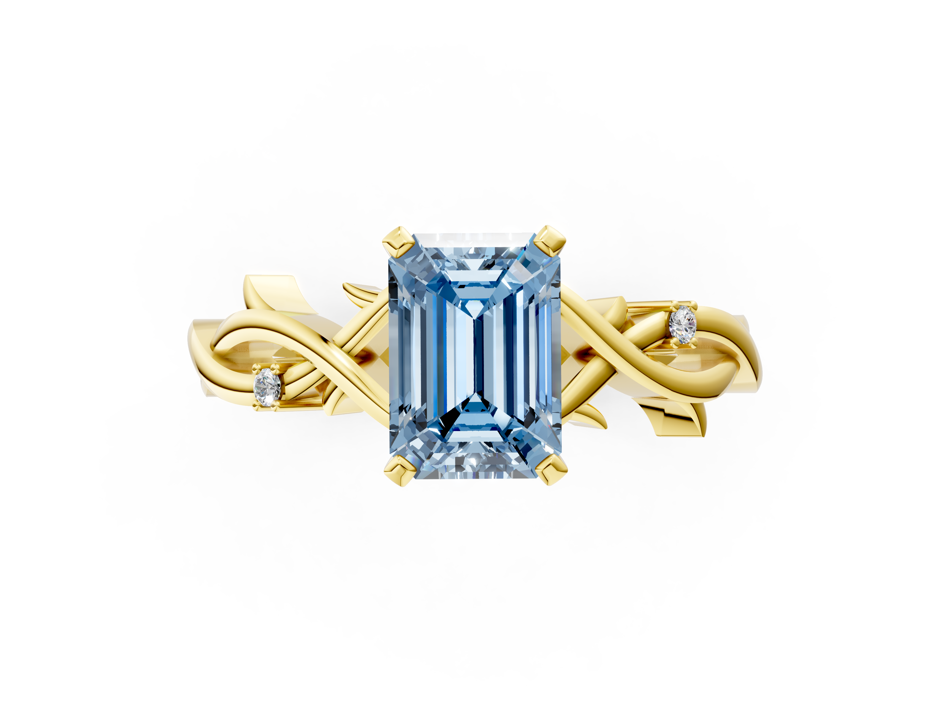 Yellow gold Fancy Blue Emerald cut Solitaire Twisted Band Prong Setting Ring_148