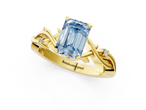 Yellow gold Fancy Blue Emerald cut Solitaire Twisted Band Prong Setting Ring_149