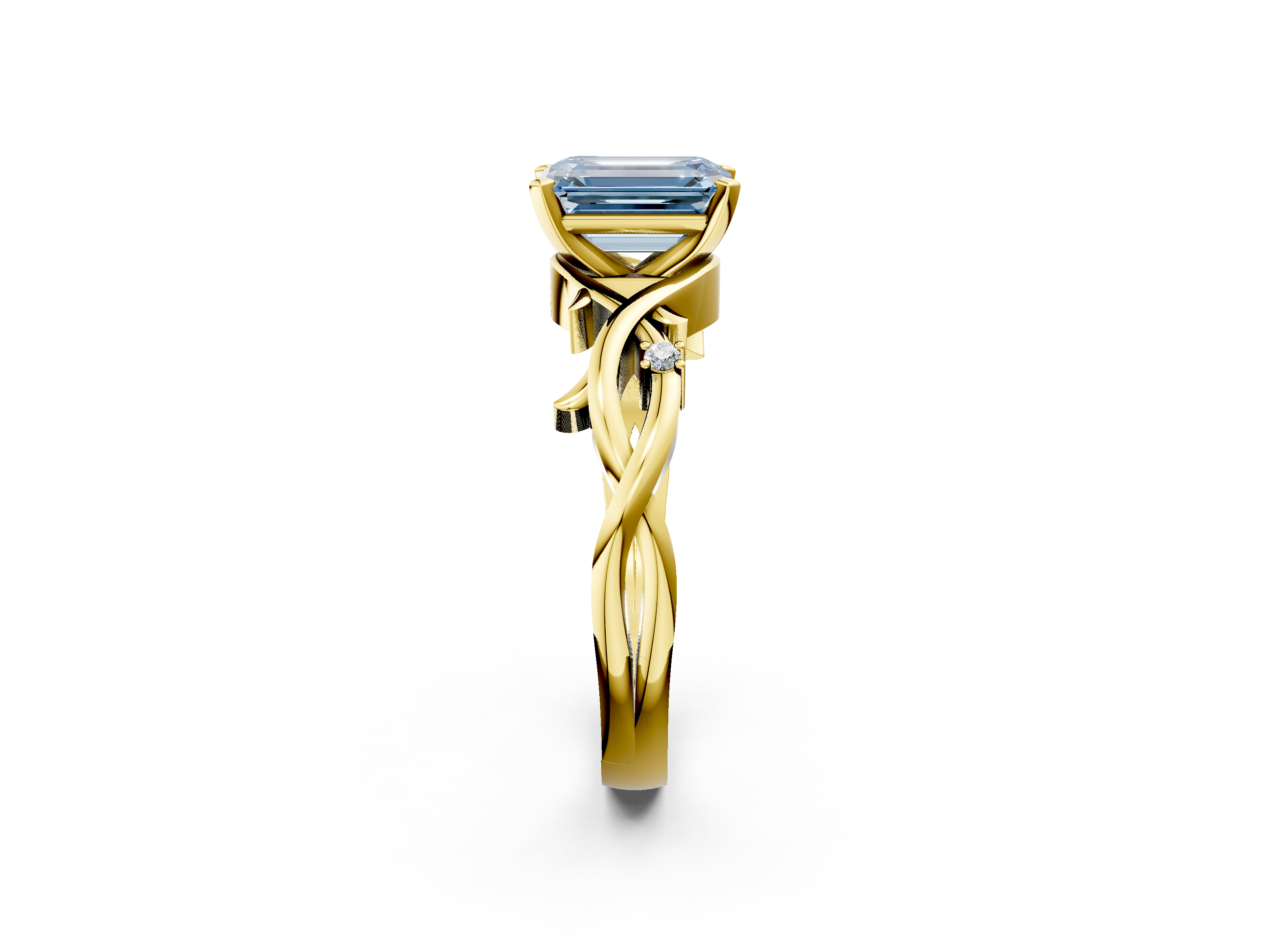 Yellow gold Fancy Blue Emerald cut Solitaire Twisted Band Prong Setting Ring_150