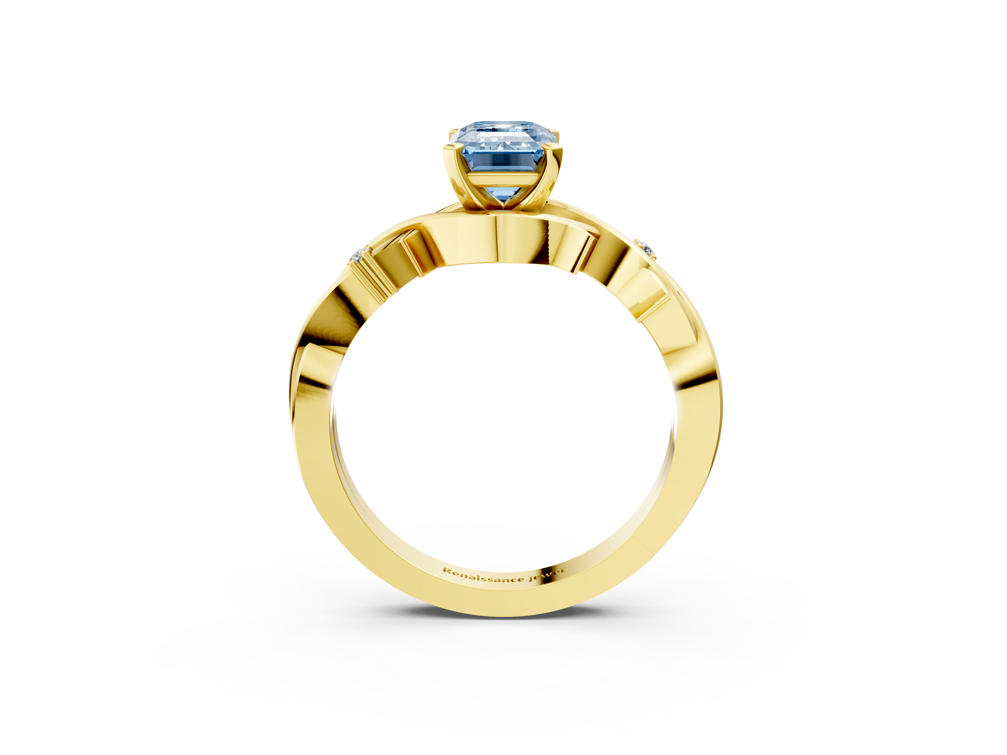 Yellow gold Fancy Blue Emerald cut Solitaire Twisted Band Prong Setting Ring_151