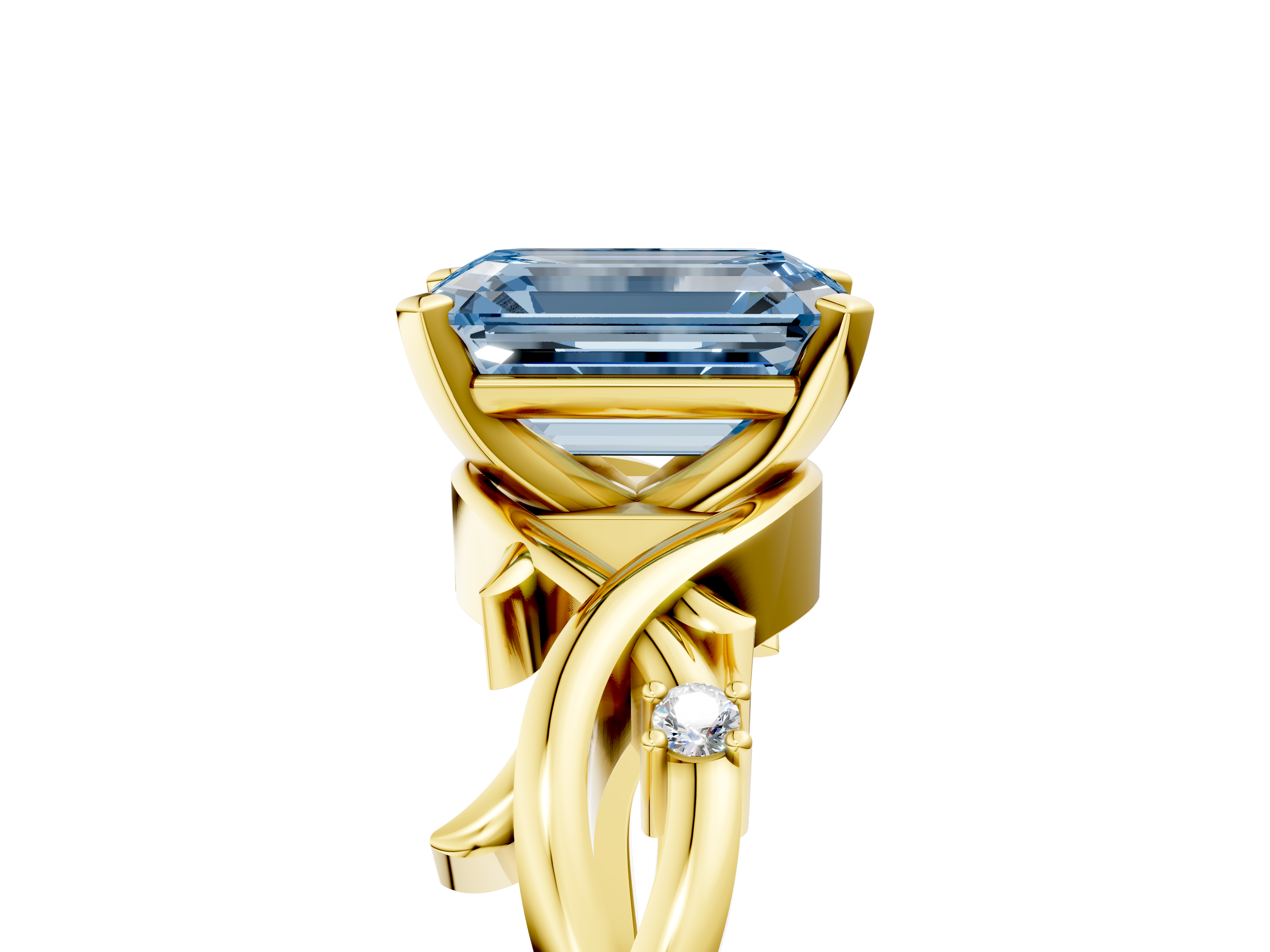 Yellow gold Fancy Blue Emerald cut Solitaire Twisted Band Prong Setting Ring_153