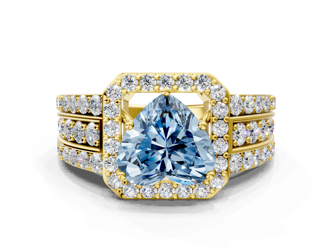 Yellow gold Fancy Blue Heart -Cut Halo Diamond Ring with Split Shank and Four-Prong Setting_87