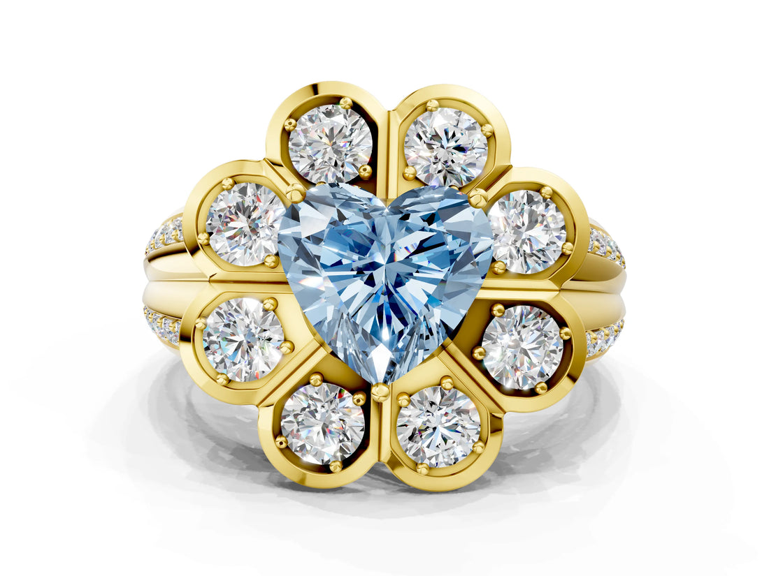 Yellow gold Fancy Blue Heart  Brilliant Flower Halo Diamond Split Shank Ring_86