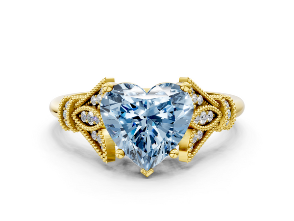 Yellow gold Fancy Blue Heart  Diamond Solitaire Ring with Floral Filigree and Pave Accents
