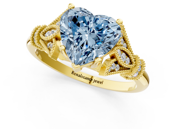 Yellow gold Fancy Blue Heart  Diamond Solitaire Ring with Floral Filigree and Pave Accents
