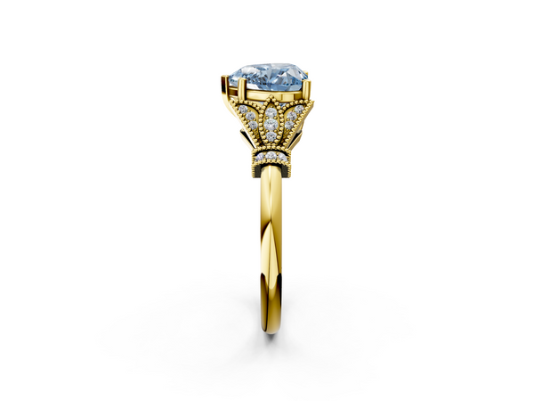 Yellow gold Fancy Blue Heart  Diamond Solitaire Ring with Floral Filigree and Pave Accents