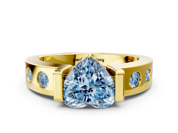 Yellow gold Fancy Blue Heart Cut Brilliant Channel-Set Diamond Ring with Bezel Prong Setting