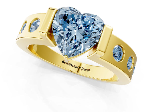Yellow gold Fancy Blue Heart Cut Brilliant Channel-Set Diamond Ring with Bezel Prong Setting