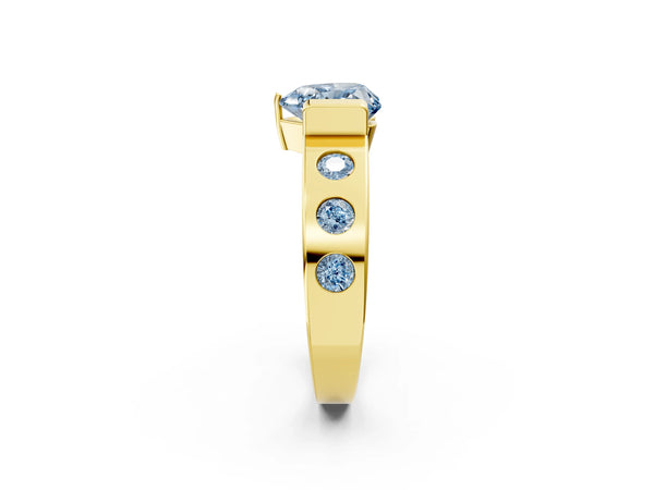 Yellow gold Fancy Blue Heart Cut Brilliant Channel-Set Diamond Ring with Bezel Prong Setting