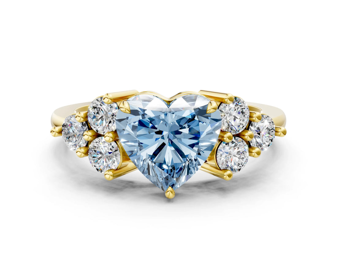 Yellow gold Fancy Blue Heart Cut Brilliant Diamond Cluster Accent Solitaire Ring with Prong Setting