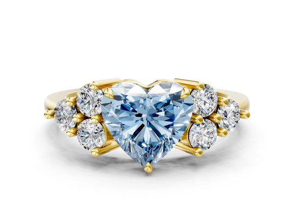 Yellow gold Fancy Blue Heart Cut Brilliant Diamond Cluster Accent Solitaire Ring with Prong Setting