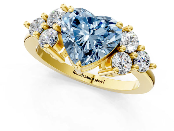 Yellow gold Fancy Blue Heart Cut Brilliant Diamond Cluster Accent Solitaire Ring with Prong Setting