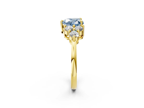 Yellow gold Fancy Blue Heart Cut Brilliant Diamond Cluster Accent Solitaire Ring with Prong Setting