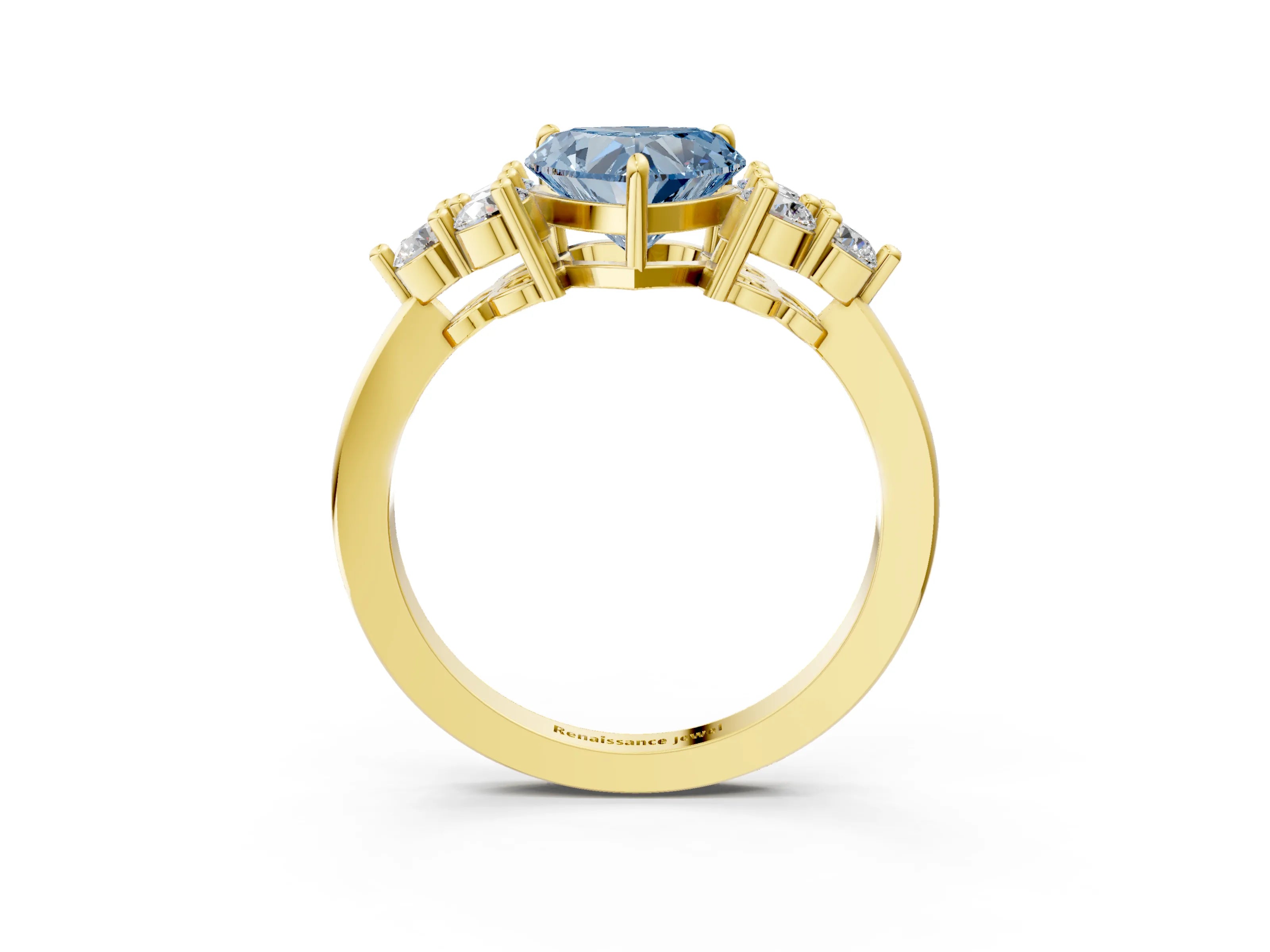 Yellow gold Fancy Blue Heart Cut Brilliant Diamond Cluster Accent Solitaire Ring with Prong Setting_3