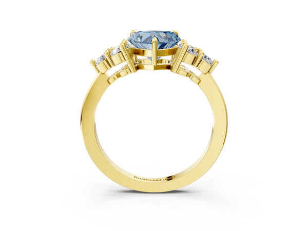 Yellow gold Fancy Blue Heart Cut Brilliant Diamond Cluster Accent Solitaire Ring with Prong Setting
