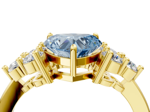 Yellow gold Fancy Blue Heart Cut Brilliant Diamond Cluster Accent Solitaire Ring with Prong Setting_4