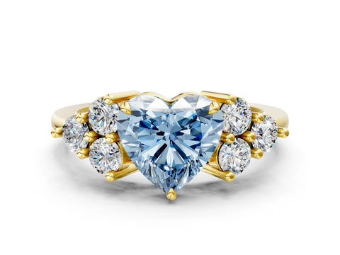 Yellow gold Fancy Blue Heart Cut Brilliant Diamond Cluster Accent Solitaire Ring with Prong Setting