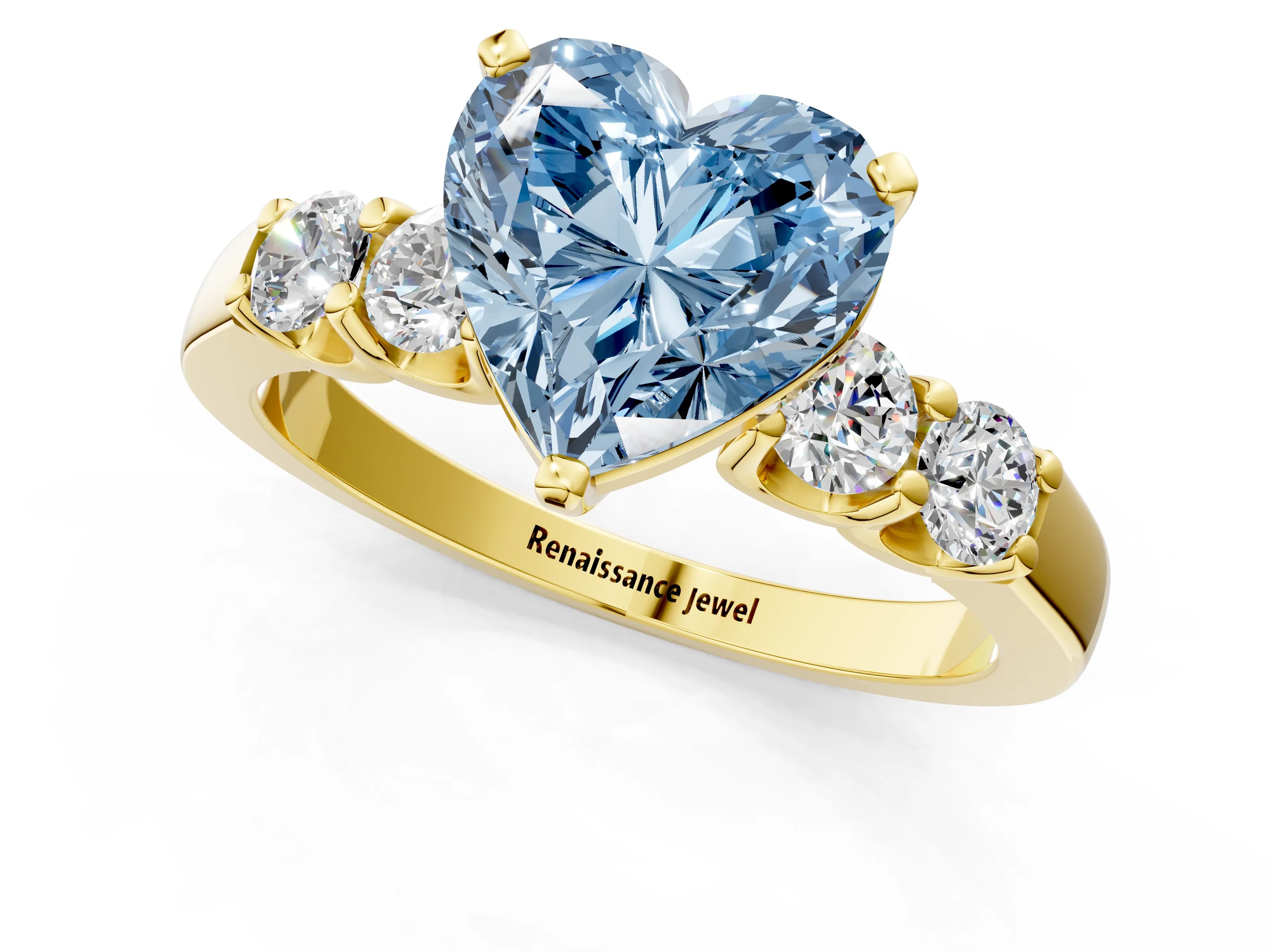 Yellow gold Fancy Blue Heart Cut Brilliant Diamond Five-Stone Engagement Ring with Prong Setting on a Classic Band_4