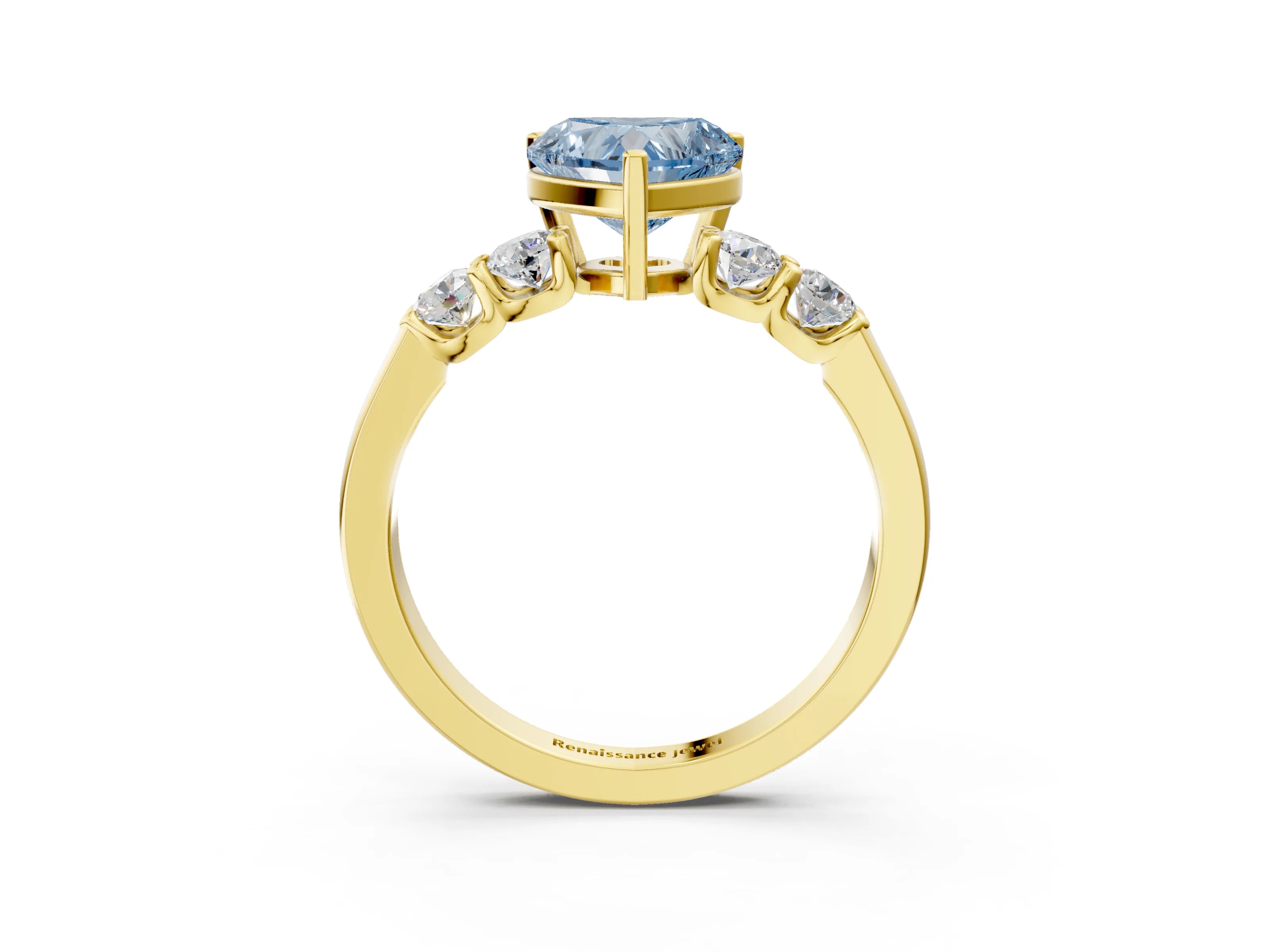 Yellow gold Fancy Blue Heart Cut Brilliant Diamond Five-Stone Engagement Ring with Prong Setting on a Classic Band_6