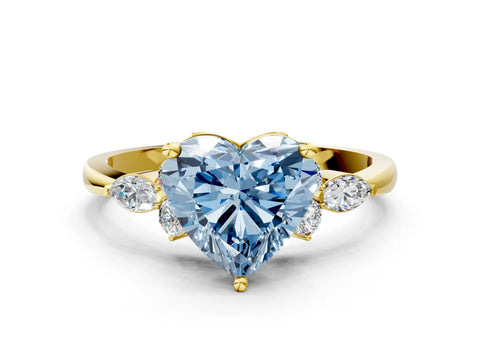 Yellow gold Fancy Blue Heart Cut Brilliant Diamond Solitaire Ring with Pear Side Stones and Four-Prong Setting_3