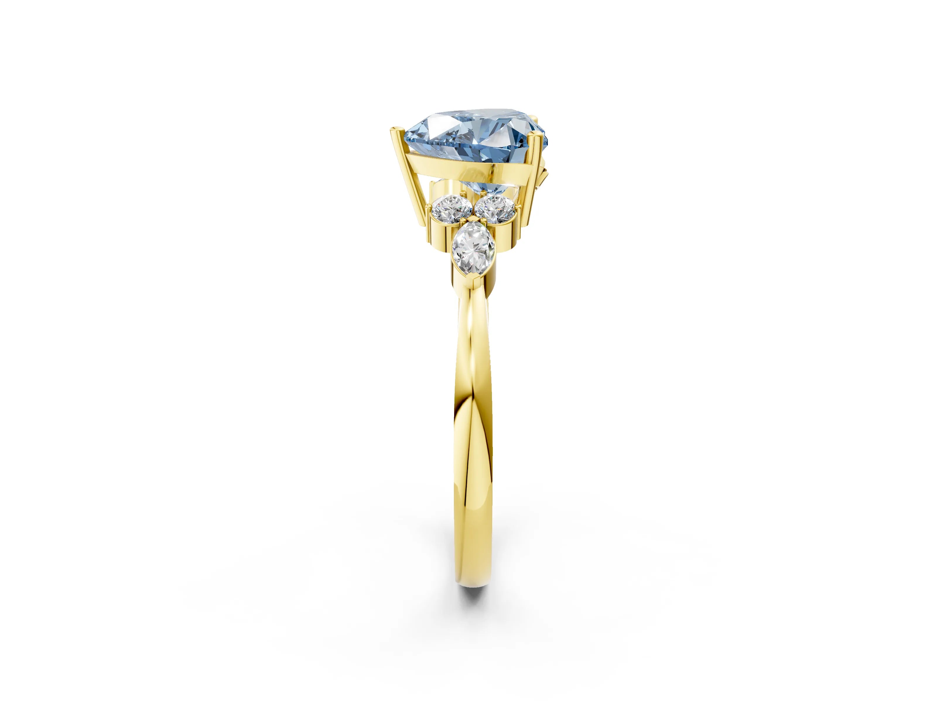 Yellow gold Fancy Blue Heart Cut Brilliant Diamond Solitaire Ring with Pear Side Stones and Four-Prong Setting_5