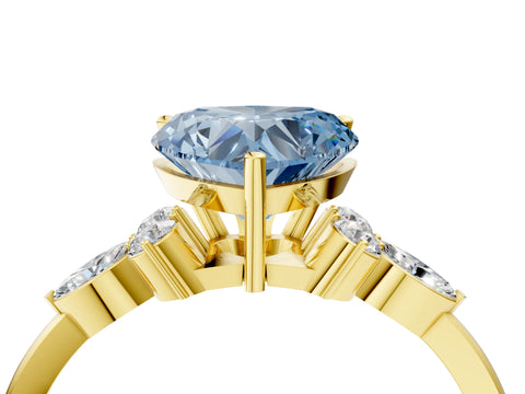 Yellow gold Fancy Blue Heart Cut Brilliant Diamond Solitaire Ring with Pear Side Stones and Four-Prong Setting_7