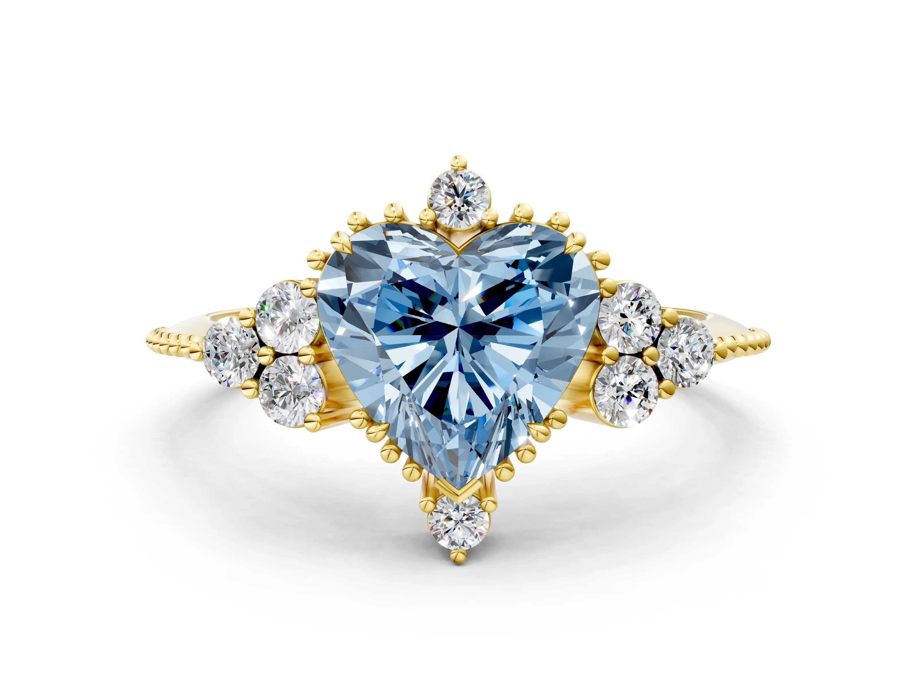 Yellow gold Fancy Blue Heart Cut Brilliant Diamond with Cluster Setting on a Beaded Band and Four-Prong Setting