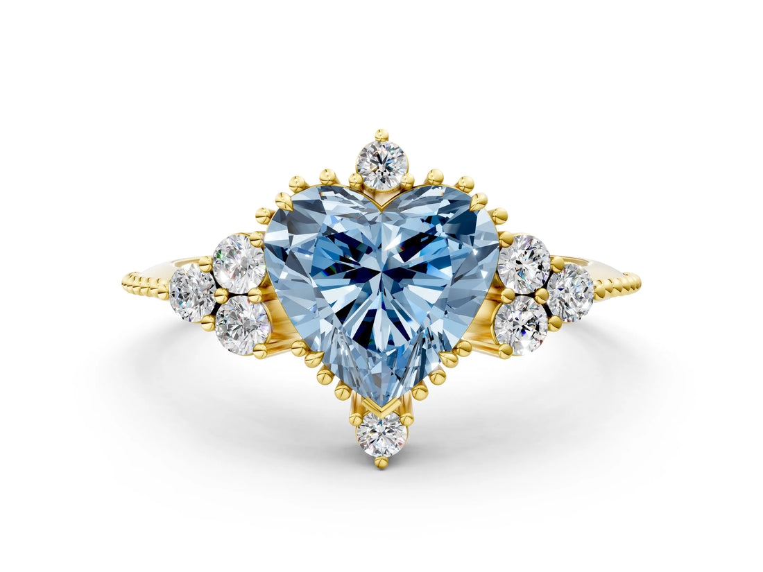 Yellow gold Fancy Blue Heart Cut Brilliant Diamond with Cluster Setting on a Beaded Band and Four-Prong Setting_12