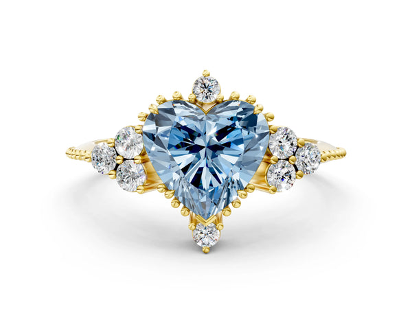 Yellow gold Fancy Blue Heart Cut Brilliant Diamond with Cluster Setting on a Beaded Band and Four-Prong Setting