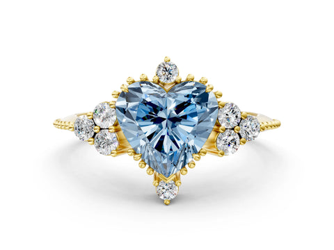 Yellow gold Fancy Blue Heart Cut Brilliant Diamond with Cluster Setting on a Beaded Band and Four-Prong Setting_12