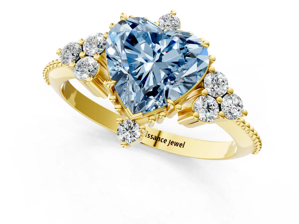 Yellow gold Fancy Blue Heart Cut Brilliant Diamond with Cluster Setting on a Beaded Band and Four-Prong Setting