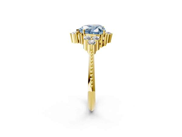 Yellow gold Fancy Blue Heart Cut Brilliant Diamond with Cluster Setting on a Beaded Band and Four-Prong Setting