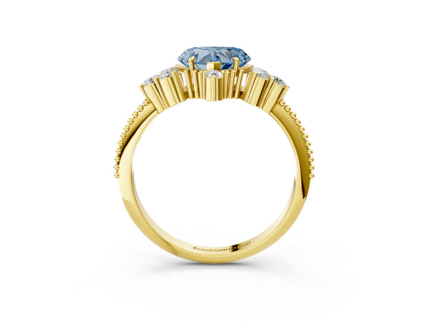 Yellow gold Fancy Blue Heart Cut Brilliant Diamond with Cluster Setting on a Beaded Band and Four-Prong Setting