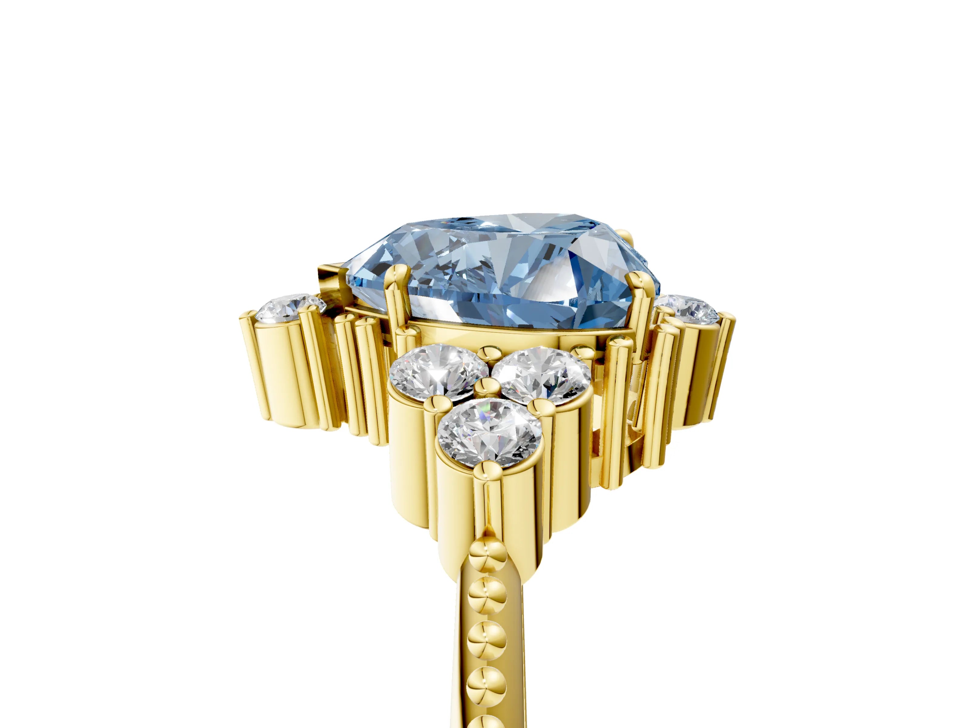 Yellow gold Fancy Blue Heart Cut Brilliant Diamond with Cluster Setting on a Beaded Band and Four-Prong Setting_5