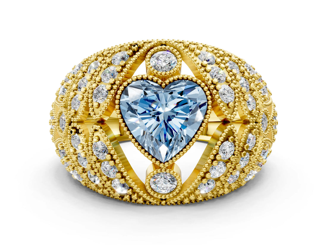 Yellow gold Fancy Blue Heart Cut Brilliant Halo Pave Diamond Milgrain Ring