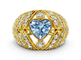 Yellow gold Fancy Blue Heart Cut Brilliant Halo Pave Diamond Milgrain Ring