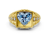Yellow gold Fancy Blue Heart Cut Brilliant Milgrain Filigree Diamond Ring with Square Prong Setting