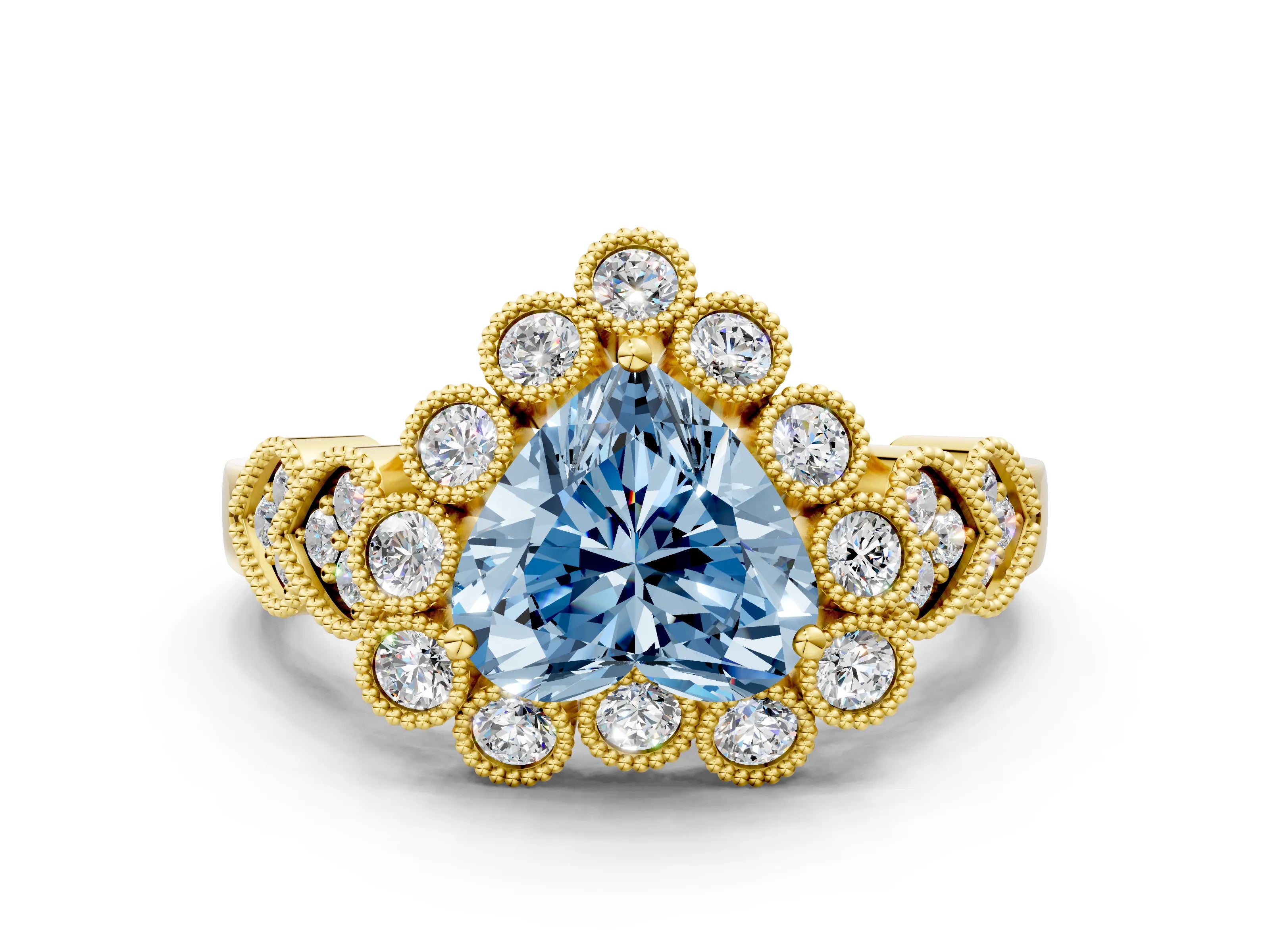 Yellow gold Fancy Blue Heart Cut Brilliant Milgrain Pave Heart Band Solitaire Ring