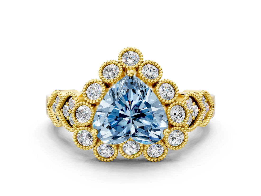 Yellow gold Fancy Blue Heart Cut Brilliant Milgrain Pave Heart Band Solitaire Ring
