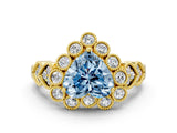 Yellow gold Fancy Blue Heart Cut Brilliant Milgrain Pave Heart Band Solitaire Ring