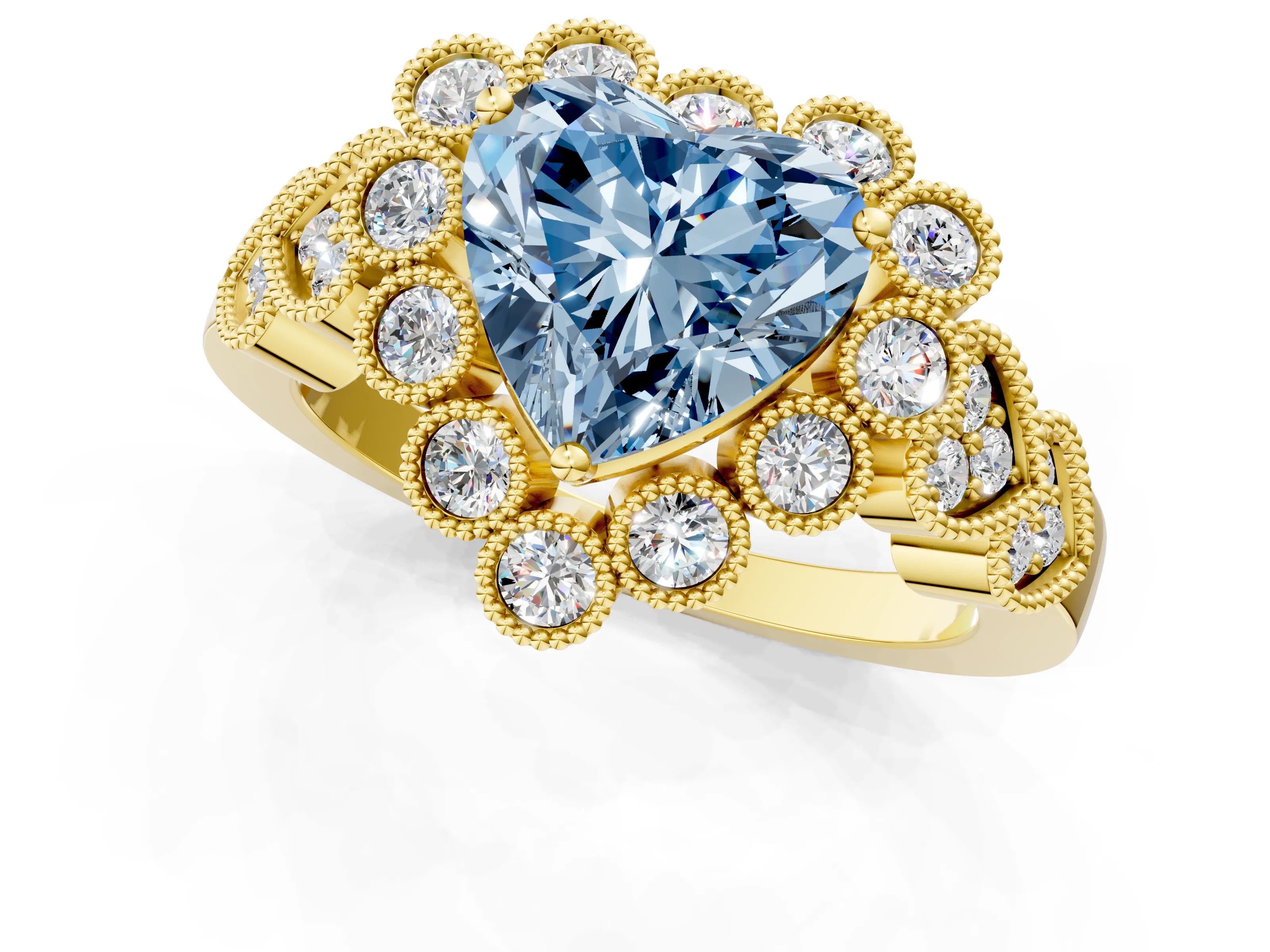 Yellow gold Fancy Blue Heart Cut Brilliant Milgrain Pave Heart Band Solitaire Ring_1