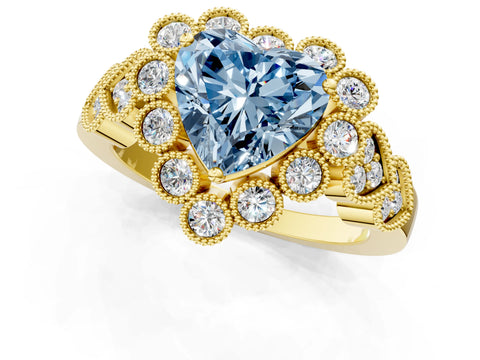 Yellow gold Fancy Blue Heart Cut Brilliant Milgrain Pave Heart Band Solitaire Ring_1