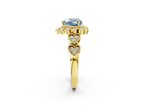 Yellow gold Fancy Blue Heart Cut Brilliant Milgrain Pave Heart Band Solitaire Ring_2