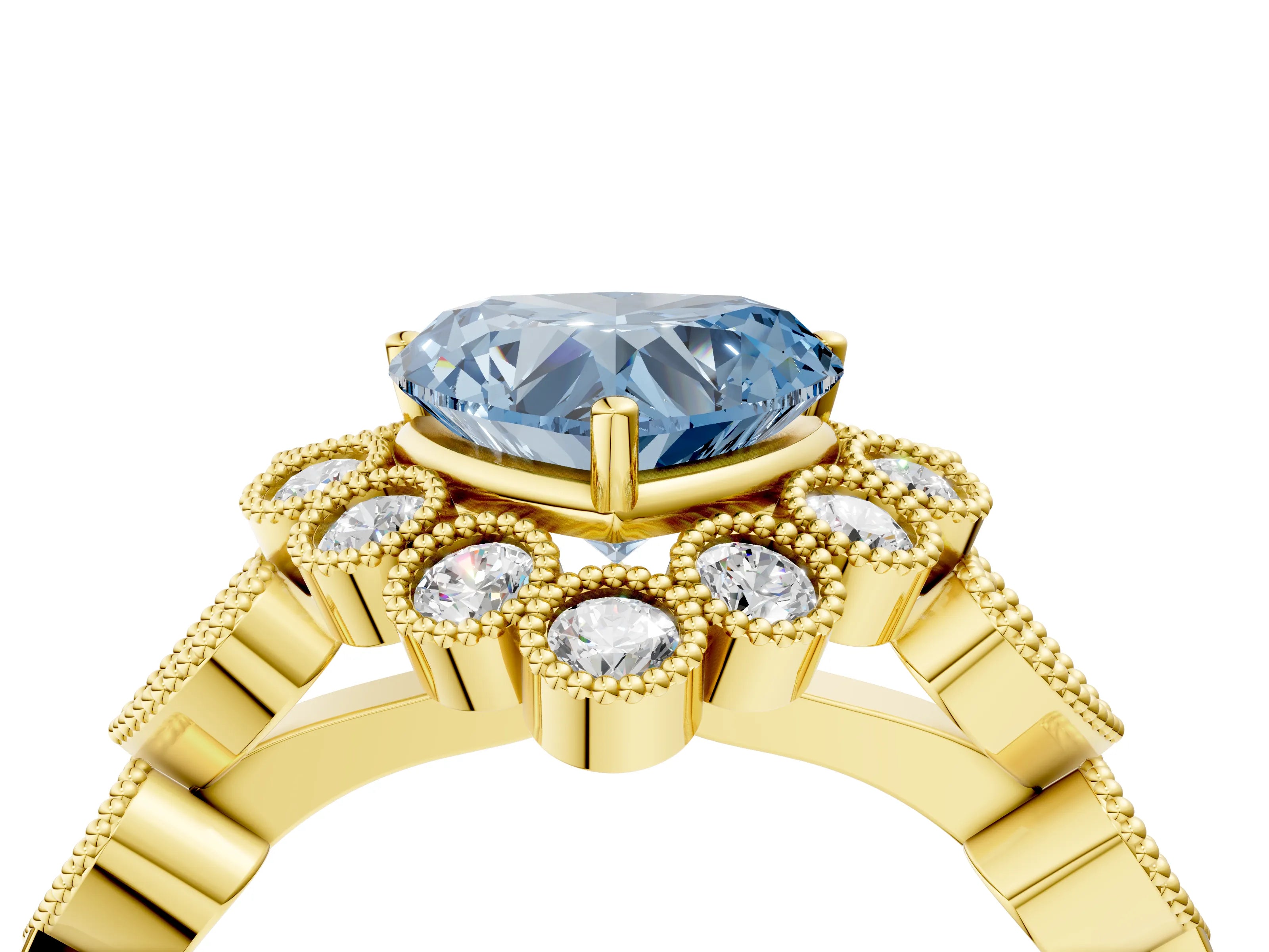 Yellow gold Fancy Blue Heart Cut Brilliant Milgrain Pave Heart Band Solitaire Ring_4