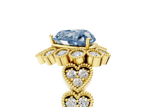 Yellow gold Fancy Blue Heart Cut Brilliant Milgrain Pave Heart Band Solitaire Ring_5