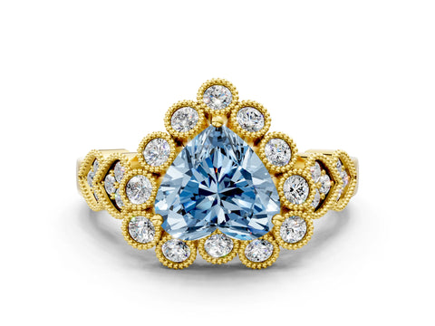 Yellow gold Fancy Blue Heart Cut Brilliant Milgrain Pave Heart Band Solitaire Ring
