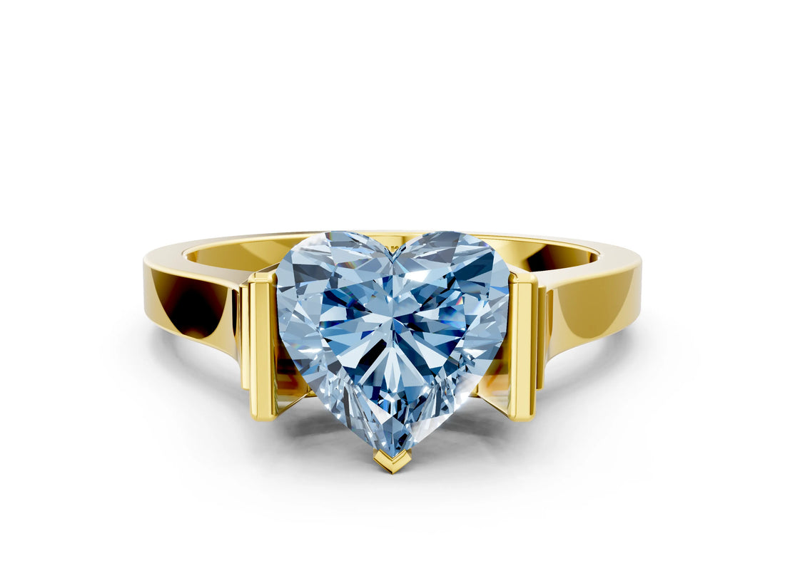 Yellow gold Fancy Blue Heart Cut Brilliant Solitaire Diamond Ring with Channel Set Band and Bar Prong Setting_30